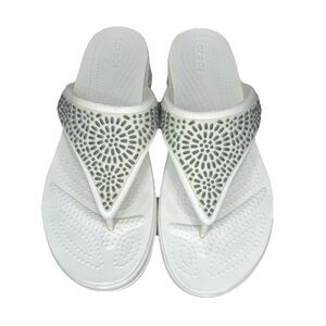 Crocs Sexi Flip Flops Embellished Thong Wedge Sandals White Women's Size 10